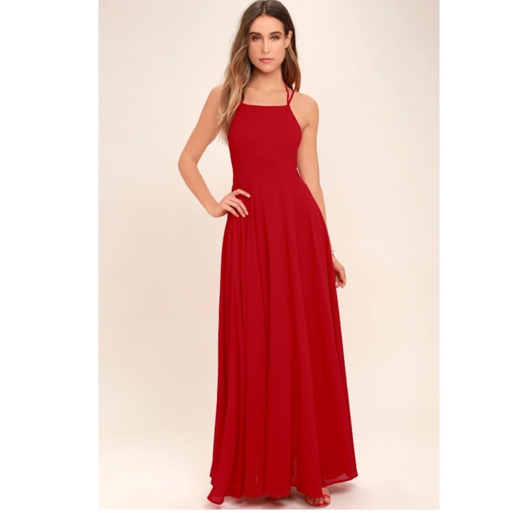 Lulus Strappy To Be Here Red Lace-Up Maxi Dress Size Small‎
